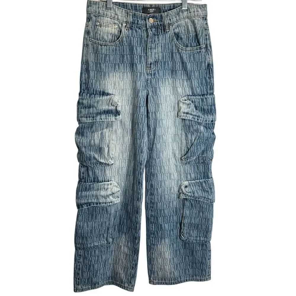 AMIRI Sz 30 Blue Utility Denim Cargo Pants Distressed AOP Logo Made in USA HTF